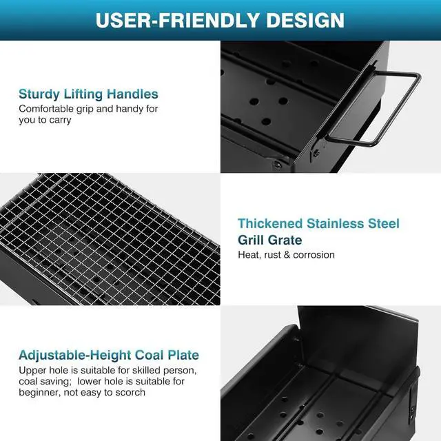 Alt view image 6 of 7 - 32 Inch Portable Folding Stainless Steel Charcoal Grill, Large Barbecue Grill for Lamb Skewers, Outdoor Cooking for Patio, Party, Camping, Home & Commercial Use, Black
