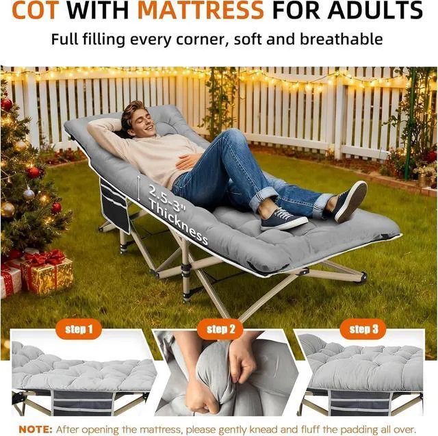 Alt view image 2 of 7 - Extra Wide Folding Camping Cot for Adults, 600LBS Max Load, with Thick Removable Mattress, Portable for Outdoor Camping Office Home Nap, Grey