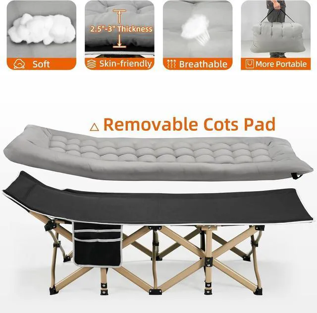 Alt view image 4 of 7 - Extra Wide Folding Camping Cot for Adults, 600LBS Max Load, with Thick Removable Mattress, Portable for Outdoor Camping Office Home Nap, Grey