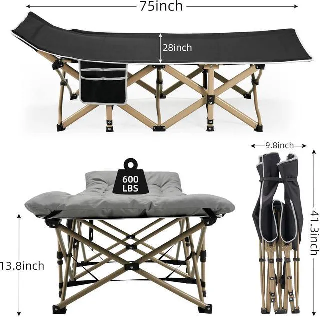 Alt view image 6 of 7 - Extra Wide Folding Camping Cot for Adults, 600LBS Max Load, with Thick Removable Mattress, Portable for Outdoor Camping Office Home Nap, Grey