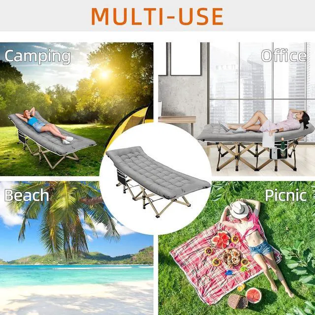 Alt view image 7 of 7 - Extra Wide Folding Camping Cot for Adults, 600LBS Max Load, with Thick Removable Mattress, Portable for Outdoor Camping Office Home Nap, Grey