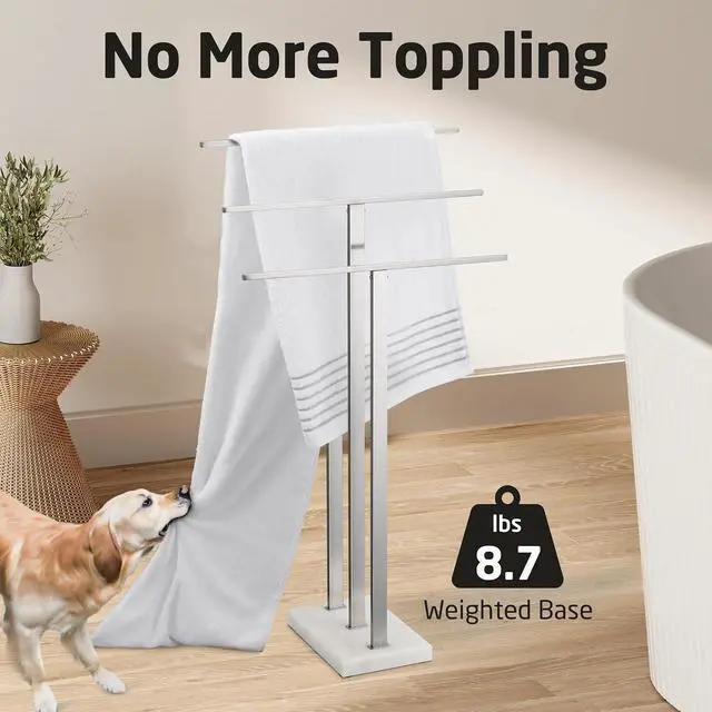 Alt view image 2 of 7 - 3-Tier Freestanding Floor Towel Rack Heavy Weighted Marble Base SUS304 Stainless Steel Brushed Finish Differentiated Height T Bars Towel Holder for Bathroom Balcony