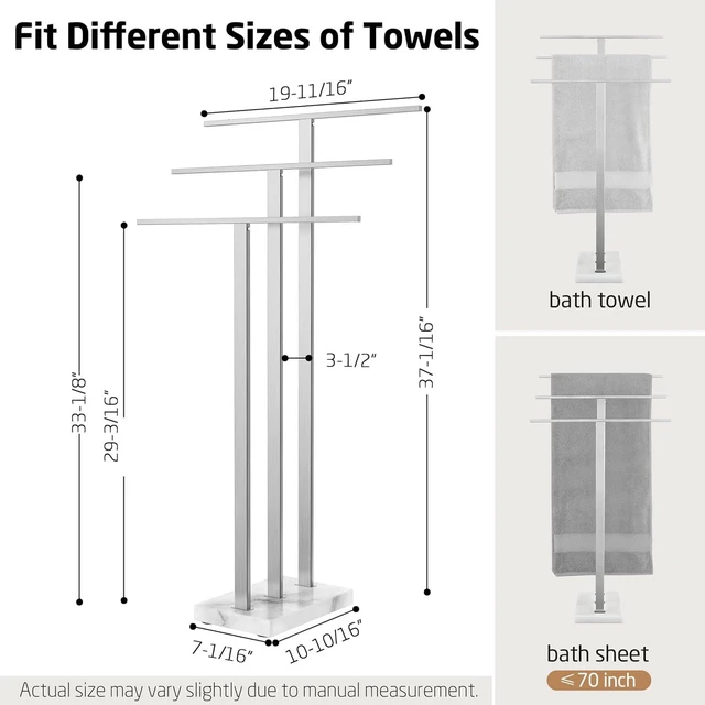 Alt view image 4 of 7 - 3-Tier Freestanding Floor Towel Rack Heavy Weighted Marble Base SUS304 Stainless Steel Brushed Finish Differentiated Height T Bars Towel Holder for Bathroom Balcony