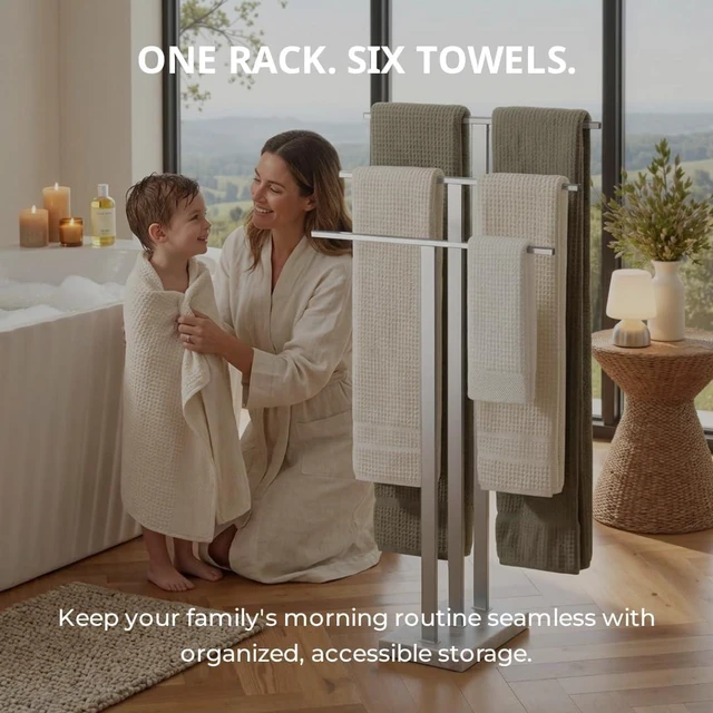 Alt view image 5 of 7 - 3-Tier Freestanding Floor Towel Rack Heavy Weighted Marble Base SUS304 Stainless Steel Brushed Finish Differentiated Height T Bars Towel Holder for Bathroom Balcony