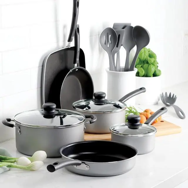 Alt view image 2 of 5 - 15-Piece Nonstick Aluminum Cookware Set with Glass Lids and Nylon Utensils, Stay-Cool Handles Dishwasher Safe for Gas Electric Ceramic Cooktops