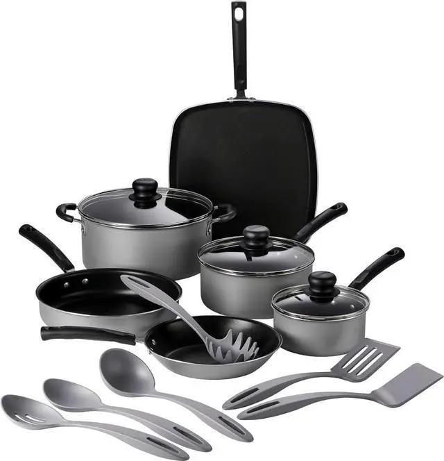 Main image of 15-Piece Nonstick Aluminum Cookware Set with Glass Lids and Nylon Utensils, Stay-Cool Handles Dishwasher Safe for Gas Electric Ceramic Cooktops