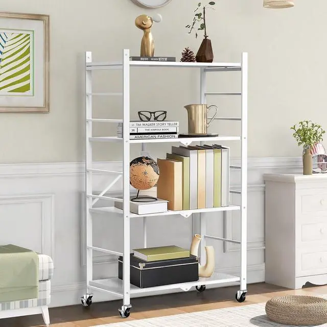 Alt view image 2 of 6 - 4-Tier Foldable Metal Storage Shelves with 20 Hooks Wheels and Adjustable Feet No Assembly Rolling Shelving Unit 13.4"x27"x46" White for Kitchen Garage Pantry Home