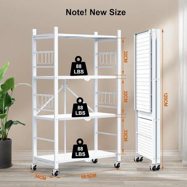 Alt view image 3 of 6 - 4-Tier Foldable Metal Storage Shelves with 20 Hooks Wheels and Adjustable Feet No Assembly Rolling Shelving Unit 13.4"x27"x46" White for Kitchen Garage Pantry Home