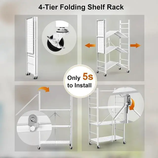 Alt view image 4 of 6 - 4-Tier Foldable Metal Storage Shelves with 20 Hooks Wheels and Adjustable Feet No Assembly Rolling Shelving Unit 13.4"x27"x46" White for Kitchen Garage Pantry Home