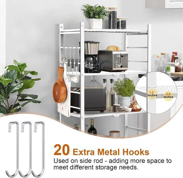 Alt view image 5 of 6 - 4-Tier Foldable Metal Storage Shelves with 20 Hooks Wheels and Adjustable Feet No Assembly Rolling Shelving Unit 13.4"x27"x46" White for Kitchen Garage Pantry Home