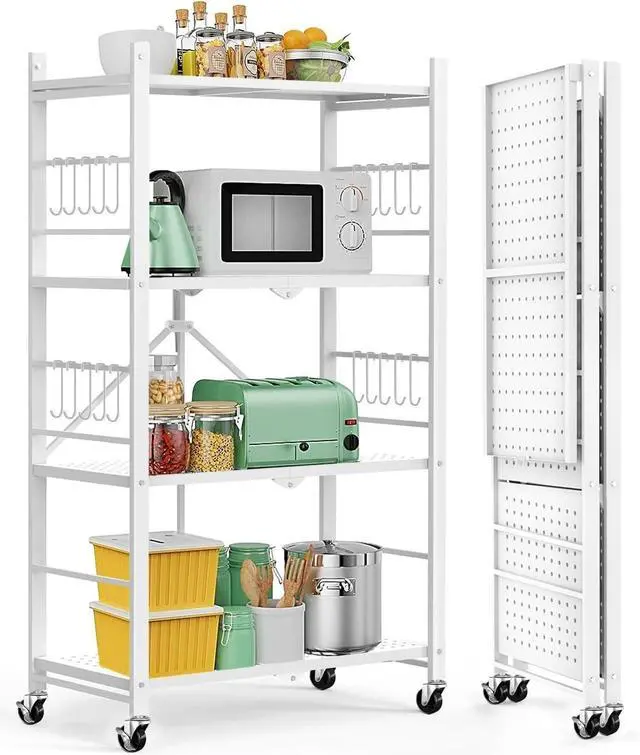Main image of 4-Tier Foldable Metal Storage Shelves with 20 Hooks Wheels and Adjustable Feet No Assembly Rolling Shelving Unit 13.4"x27"x46" White for Kitchen Garage Pantry Home