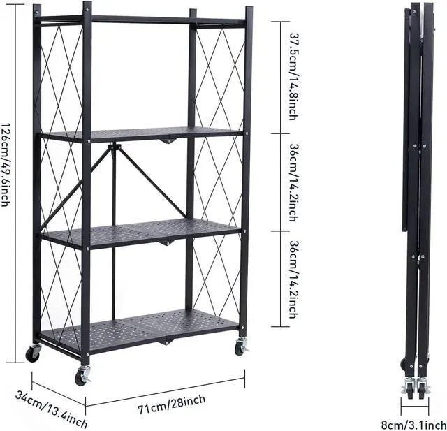Alt view image 3 of 6 - 4-Tier Foldable Heavy Duty Metal Storage Shelves with Wheels No Assembly Organizer 28"x13.4"x49.6" Black for Garage Kitchen Basement Pantry