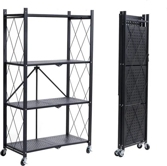 Main image of 4-Tier Foldable Heavy Duty Metal Storage Shelves with Wheels No Assembly Organizer 28"x13.4"x49.6" Black for Garage Kitchen Basement Pantry