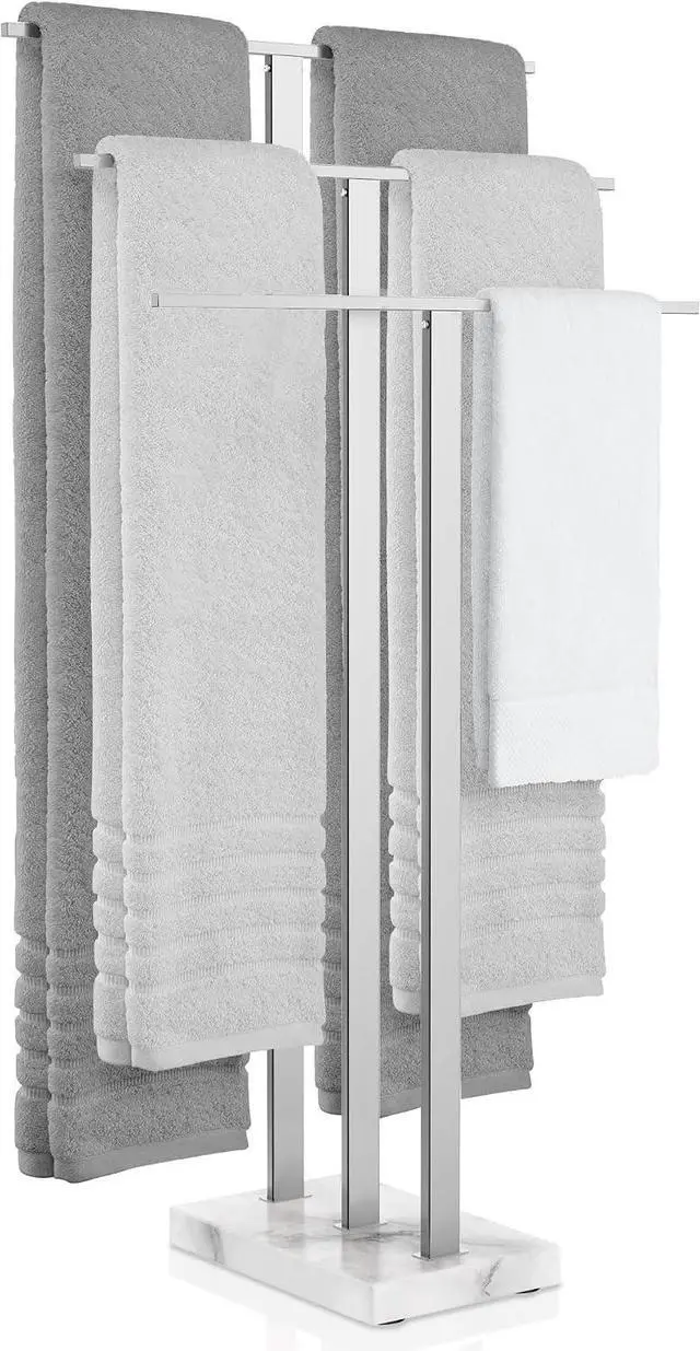 Main image of 3-Tier Freestanding Towel Rack with Natural Marble Base, Polished 18/8 Stainless Steel Floor Towel Holder Height Differentiated Bars for Large Bath Towels Hand Towels Bathroom Balcony
