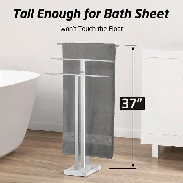 Alt view image 2 of 5 - 3-Tier Freestanding Towel Rack with Natural Marble Base, Polished 18/8 Stainless Steel Floor Towel Holder Height Differentiated Bars for Large Bath Towels Hand Towels Bathroom Balcony