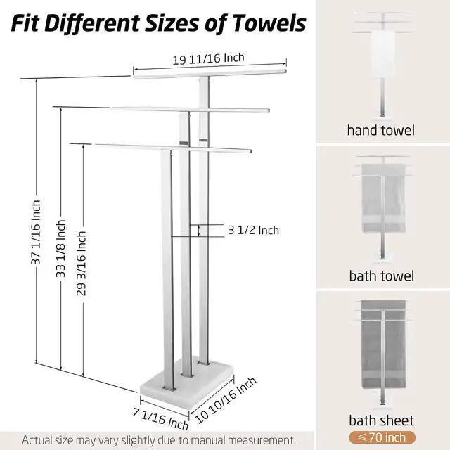 Alt view image 3 of 5 - 3-Tier Freestanding Towel Rack with Natural Marble Base, Polished 18/8 Stainless Steel Floor Towel Holder Height Differentiated Bars for Large Bath Towels Hand Towels Bathroom Balcony