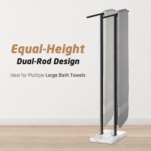 Alt view image 3 of 7 - 37 Inch Freestanding Towel Rack with Solid Marble Base Matte Black 18/8 Stainless Steel Double Equal Height Rod Floor Towel Holder for Bathroom Balcony