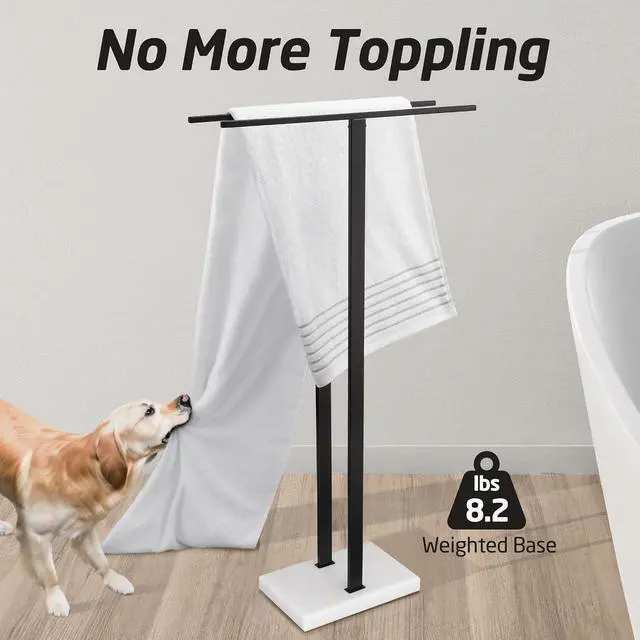 Alt view image 4 of 7 - 37 Inch Freestanding Towel Rack with Solid Marble Base Matte Black 18/8 Stainless Steel Double Equal Height Rod Floor Towel Holder for Bathroom Balcony