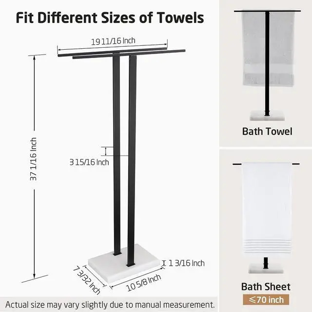 Alt view image 5 of 7 - 37 Inch Freestanding Towel Rack with Solid Marble Base Matte Black 18/8 Stainless Steel Double Equal Height Rod Floor Towel Holder for Bathroom Balcony