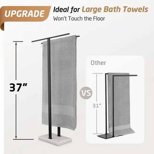 Alt view image 2 of 7 - 37 Inch Freestanding Towel Rack with Solid Marble Base Matte Black 18/8 Stainless Steel Double Equal Height Rod Floor Towel Holder for Bathroom Balcony