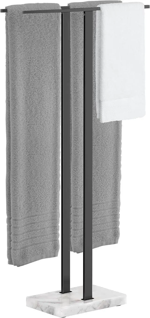 Main image of 37 Inch Freestanding Towel Rack with Solid Marble Base Matte Black 18/8 Stainless Steel Double Equal Height Rod Floor Towel Holder for Bathroom Balcony