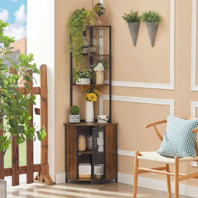 Main image of Tall 6-Tier Corner Storage Shelf with Cabinet, Fan-Shaped Display Rack with Metal Frame for Living Room Kitchen Balcony Small Spaces