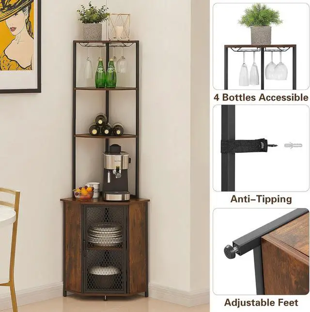 Alt view image 3 of 7 - Tall 6-Tier Corner Storage Shelf with Cabinet, Fan-Shaped Display Rack with Metal Frame for Living Room Kitchen Balcony Small Spaces