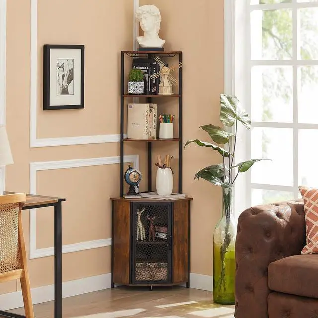 Alt view image 4 of 7 - Tall 6-Tier Corner Storage Shelf with Cabinet, Fan-Shaped Display Rack with Metal Frame for Living Room Kitchen Balcony Small Spaces