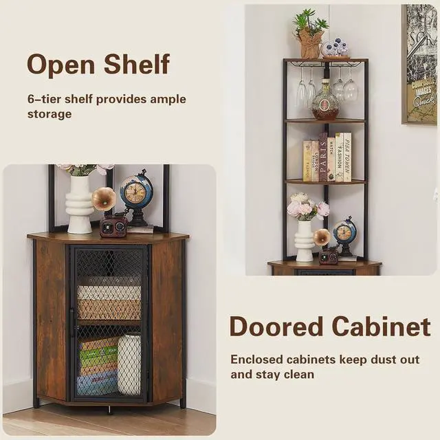 Alt view image 5 of 7 - Tall 6-Tier Corner Storage Shelf with Cabinet, Fan-Shaped Display Rack with Metal Frame for Living Room Kitchen Balcony Small Spaces