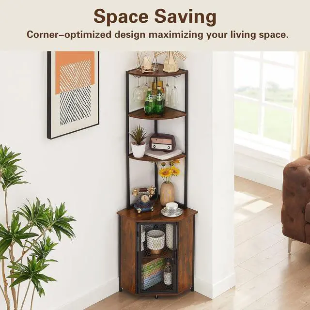 Alt view image 6 of 7 - Tall 6-Tier Corner Storage Shelf with Cabinet, Fan-Shaped Display Rack with Metal Frame for Living Room Kitchen Balcony Small Spaces