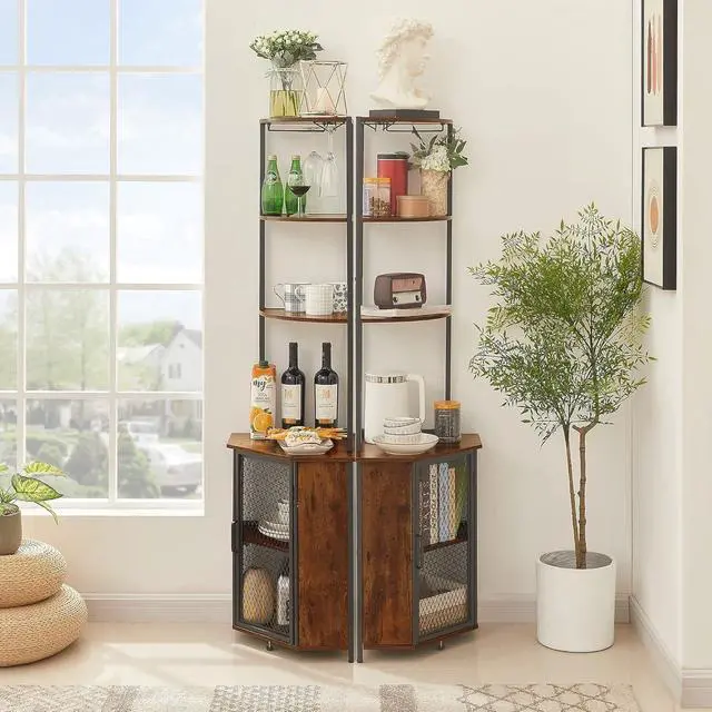 Alt view image 7 of 7 - Tall 6-Tier Corner Storage Shelf with Cabinet, Fan-Shaped Display Rack with Metal Frame for Living Room Kitchen Balcony Small Spaces