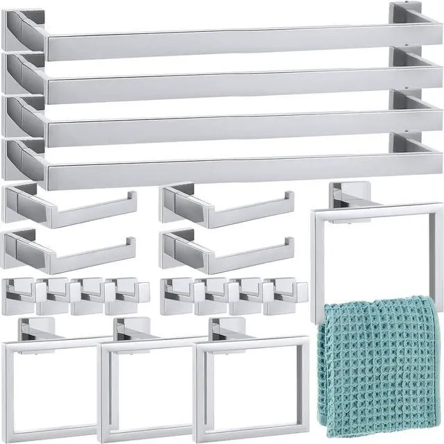 Main image of 20 Pack Wall Mounted Bathroom Hardware Kit 23.6 Inch Towel Bar Towel Ring Robe Hooks Toilet Paper Holder SUS304 Stainless Steel Storage Accessory Set Silver Finish
