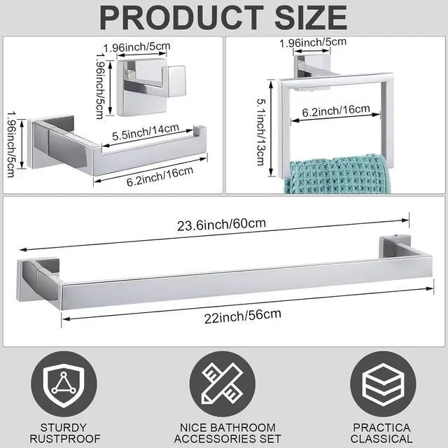 Alt view image 2 of 6 - 20 Pack Wall Mounted Bathroom Hardware Kit 23.6 Inch Towel Bar Towel Ring Robe Hooks Toilet Paper Holder SUS304 Stainless Steel Storage Accessory Set Silver Finish