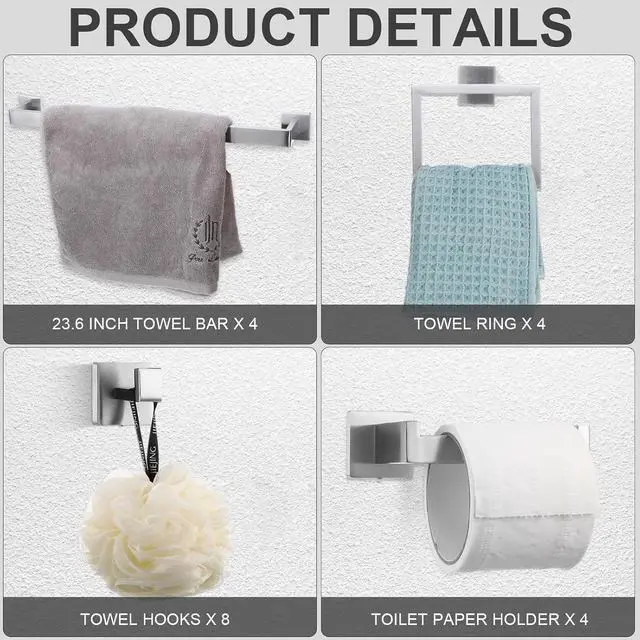 Alt view image 3 of 6 - 20 Pack Wall Mounted Bathroom Hardware Kit 23.6 Inch Towel Bar Towel Ring Robe Hooks Toilet Paper Holder SUS304 Stainless Steel Storage Accessory Set Silver Finish