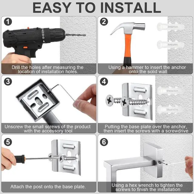 Alt view image 4 of 6 - 20 Pack Wall Mounted Bathroom Hardware Kit 23.6 Inch Towel Bar Towel Ring Robe Hooks Toilet Paper Holder SUS304 Stainless Steel Storage Accessory Set Silver Finish