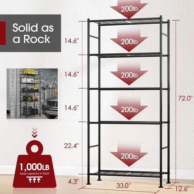 Alt view image 2 of 7 - 5 Tier Heavy Duty Metal Storage Shelving Unit with Leveling Feet, 33.0" W x 12.6" D x 72.0" H Organizer for Garage Pantry Kitchen Closet Use