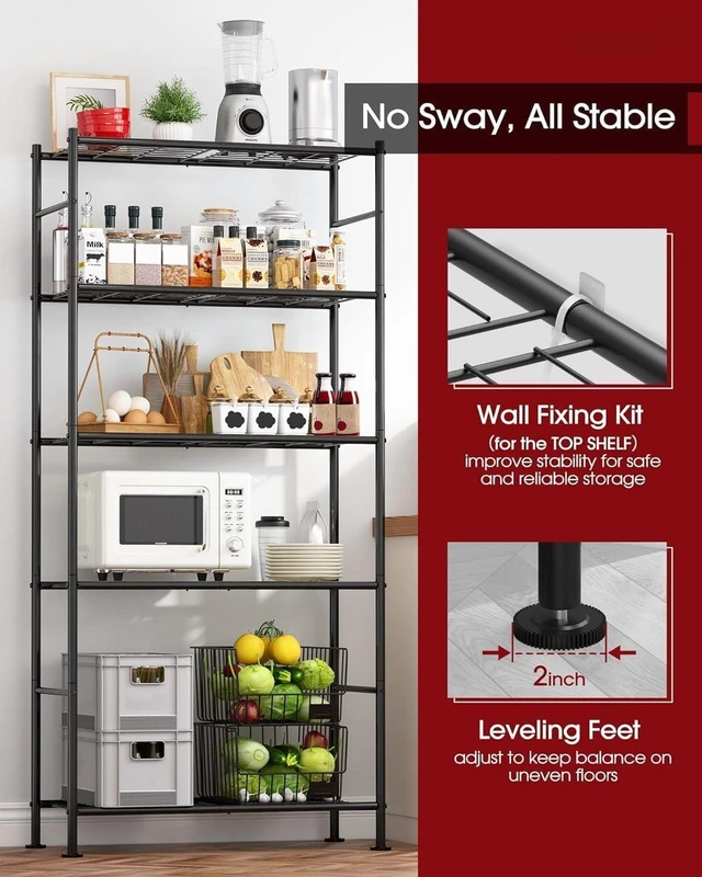 Alt view image 7 of 7 - 5 Tier Heavy Duty Metal Storage Shelving Unit with Leveling Feet, 33.0" W x 12.6" D x 72.0" H Organizer for Garage Pantry Kitchen Closet Use