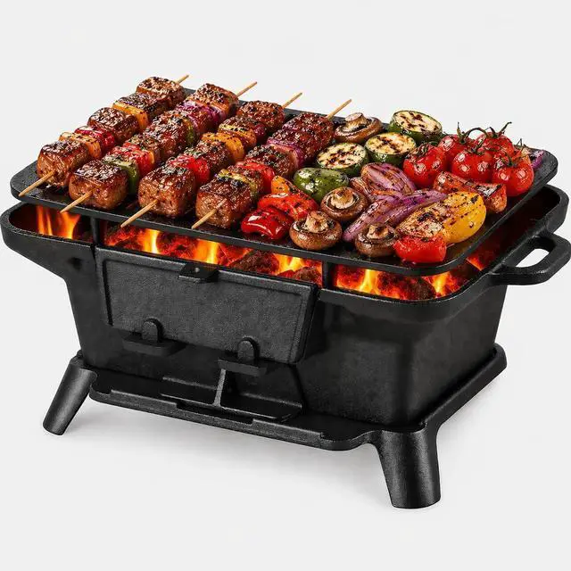 Main image of Pre-Seasoned Cast Iron Portable Hibachi Charcoal Grill, Compact Japanese Tabletop Yakitori Grill with Side Handles, Mini Outdoor Cooking Stove for Camping Picnic Backyard BBQ