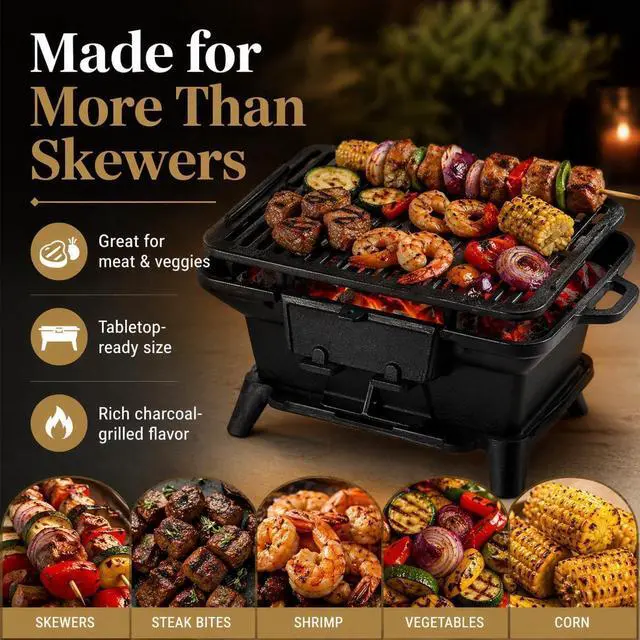 Alt view image 2 of 7 - Pre-Seasoned Cast Iron Portable Hibachi Charcoal Grill, Compact Japanese Tabletop Yakitori Grill with Side Handles, Mini Outdoor Cooking Stove for Camping Picnic Backyard BBQ