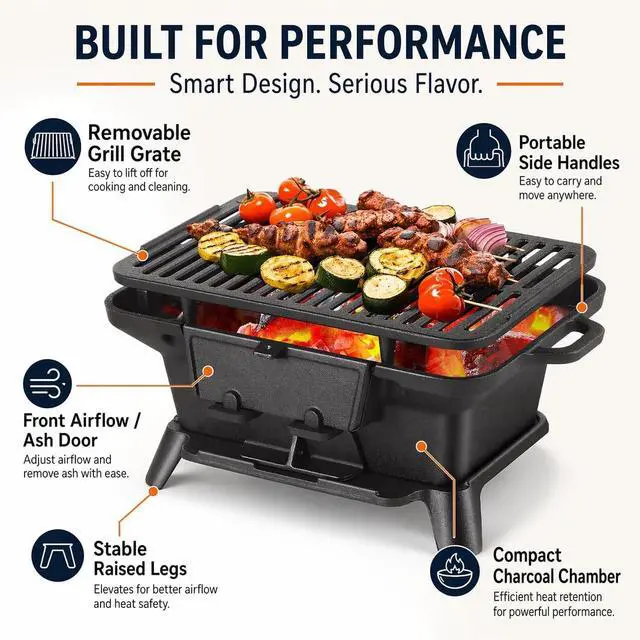 Alt view image 3 of 7 - Pre-Seasoned Cast Iron Portable Hibachi Charcoal Grill, Compact Japanese Tabletop Yakitori Grill with Side Handles, Mini Outdoor Cooking Stove for Camping Picnic Backyard BBQ