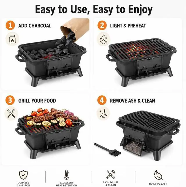 Alt view image 4 of 7 - Pre-Seasoned Cast Iron Portable Hibachi Charcoal Grill, Compact Japanese Tabletop Yakitori Grill with Side Handles, Mini Outdoor Cooking Stove for Camping Picnic Backyard BBQ