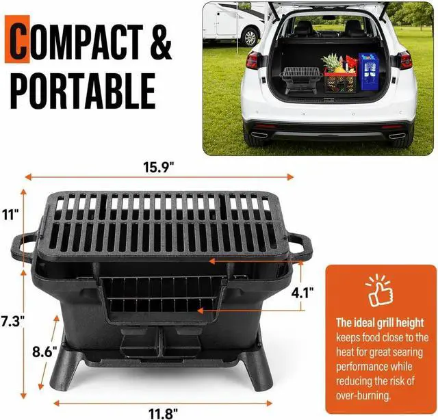 Alt view image 5 of 7 - Pre-Seasoned Cast Iron Portable Hibachi Charcoal Grill, Compact Japanese Tabletop Yakitori Grill with Side Handles, Mini Outdoor Cooking Stove for Camping Picnic Backyard BBQ