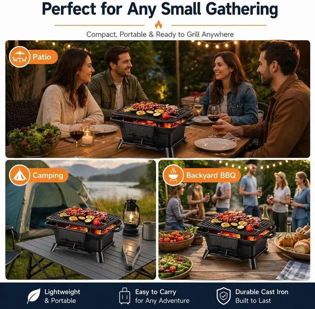 Alt view image 6 of 7 - Pre-Seasoned Cast Iron Portable Hibachi Charcoal Grill, Compact Japanese Tabletop Yakitori Grill with Side Handles, Mini Outdoor Cooking Stove for Camping Picnic Backyard BBQ