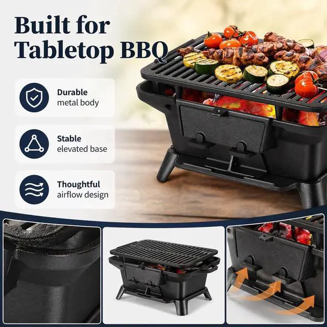 Alt view image 7 of 7 - Pre-Seasoned Cast Iron Portable Hibachi Charcoal Grill, Compact Japanese Tabletop Yakitori Grill with Side Handles, Mini Outdoor Cooking Stove for Camping Picnic Backyard BBQ