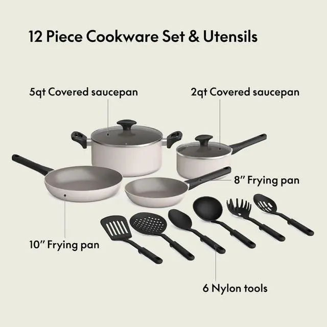 Alt view image 3 of 7 - 12 Piece Ceramic Nonstick Cookware Set with Tempered Glass Lids and Cool-Touch Handles, Oven Safe All Stovetops Compatible Kitchen Pots and Pans