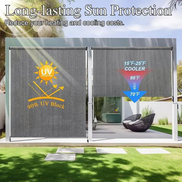 Alt view image 2 of 7 - 8' W x 8' H Cordless Outdoor Roller Shade, Roll Up Exterior Patio Blinds with 90% UV Protection, Two-Section Pole One-Piece Fabric Design in Grey