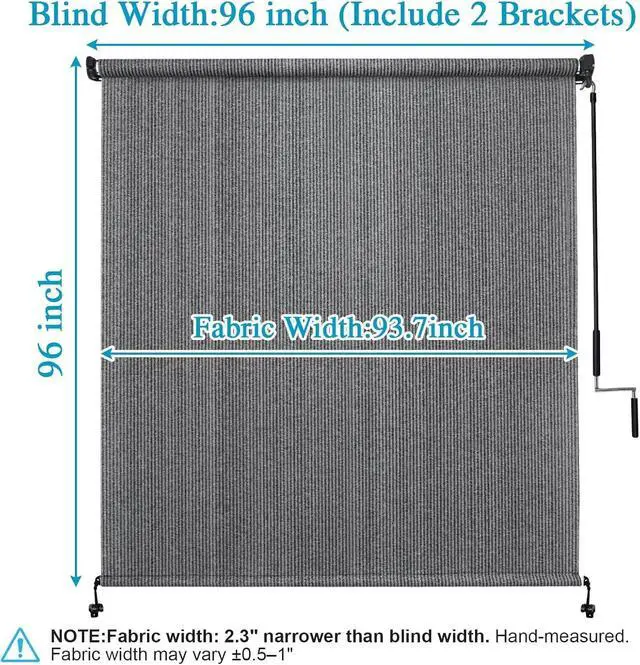 Alt view image 5 of 7 - 8' W x 8' H Cordless Outdoor Roller Shade, Roll Up Exterior Patio Blinds with 90% UV Protection, Two-Section Pole One-Piece Fabric Design in Grey