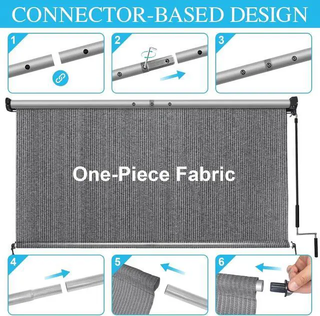 Alt view image 7 of 7 - 8' W x 8' H Cordless Outdoor Roller Shade, Roll Up Exterior Patio Blinds with 90% UV Protection, Two-Section Pole One-Piece Fabric Design in Grey