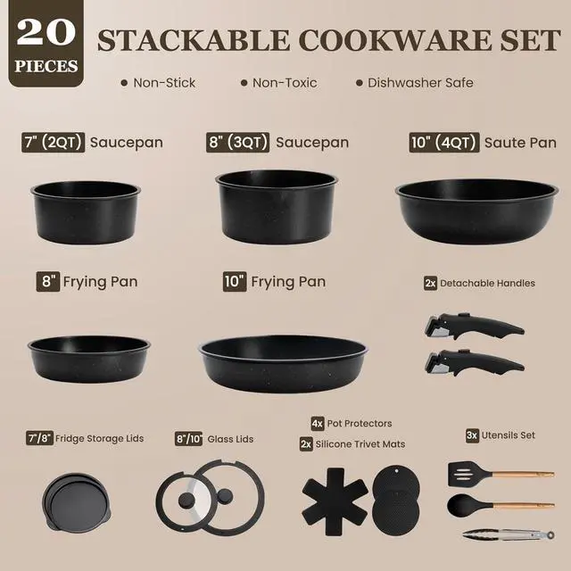 Alt view image 2 of 7 - 20 Piece Non Stick Cookware Set with Detachable Handles, PFOA PFAS PTFE Free Induction Kitchen Pots and Pans Set, Oven & Dishwasher Safe Compact Cooking Set for RV Small Kitchen