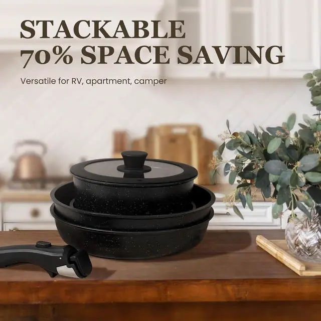 Alt view image 7 of 7 - 20 Piece Non Stick Cookware Set with Detachable Handles, PFOA PFAS PTFE Free Induction Kitchen Pots and Pans Set, Oven & Dishwasher Safe Compact Cooking Set for RV Small Kitchen